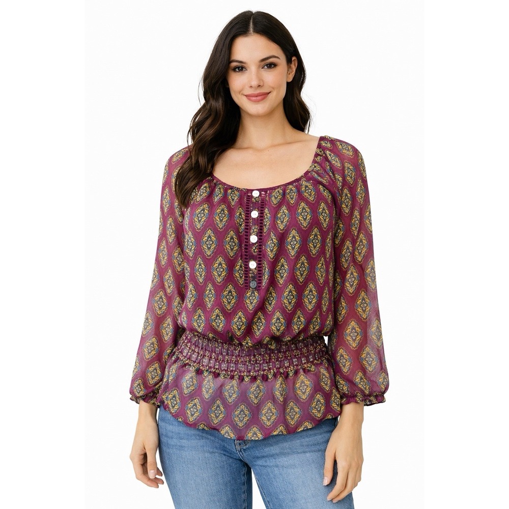 Figura & Flower Women's Boho Peasant‎ Blouse L Purple Print Smocked Waist